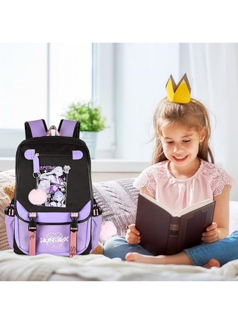 سايكفو حقيبة ظهر كورية بنفسجية وسوداء للمدرسة، حقيبة ظهر كبيرة بتصميم صائدي الشياطين مزودة بمنفذ USB وكابل صوت، حقيبة مدرسية خفيفة الوزن مناسبة للسفر والعطلات، حقيبة ظهر كورية لمحبي الكيبوب من الجنسين - Image 4